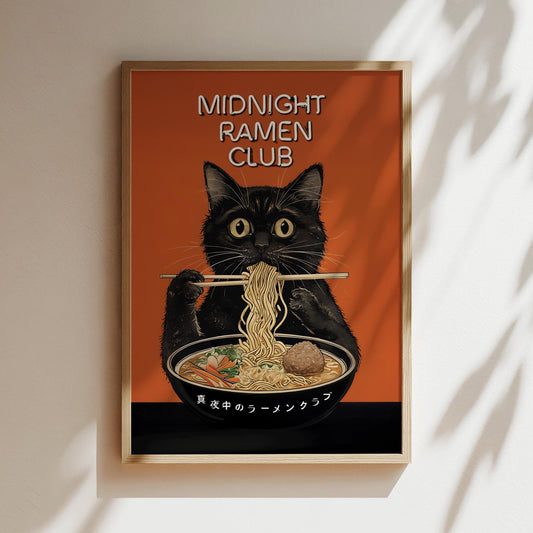 Japanese Cat Poster, Midnight Ramen Club, Cat Eating Ramen Noodles Posters, Kitchen Home Decor, Orange Cat Lover Prints, Kittens, Black Cats