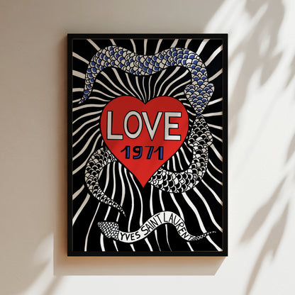 The image is a framed poster with a black and white zebra-like background, a red heart in the center, and a snake-like pattern around it. The text "LOVE 1971" is prominently displayed in the center of the poster.