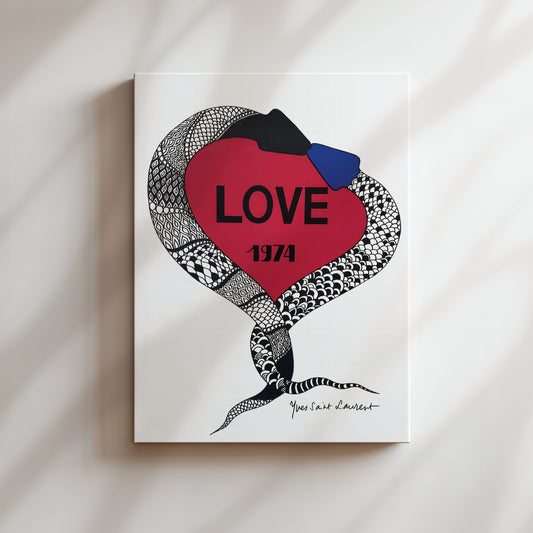 The image is a poster featuring a heart-shaped design with a snake and the word "LOVE" written on it.