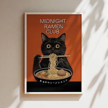 Japanese Cat Poster, Midnight Ramen Club, Cat Eating Ramen Noodles Posters, Kitchen Home Decor, Orange Cat Lover Prints, Kittens, Black Cats