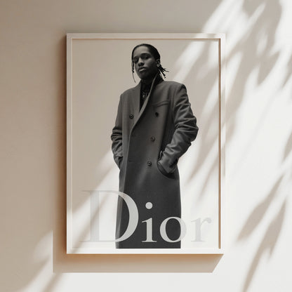 A black and white photograph of a person wearing a coat, with the word "Dior" prominently displayed in the bottom right corner.