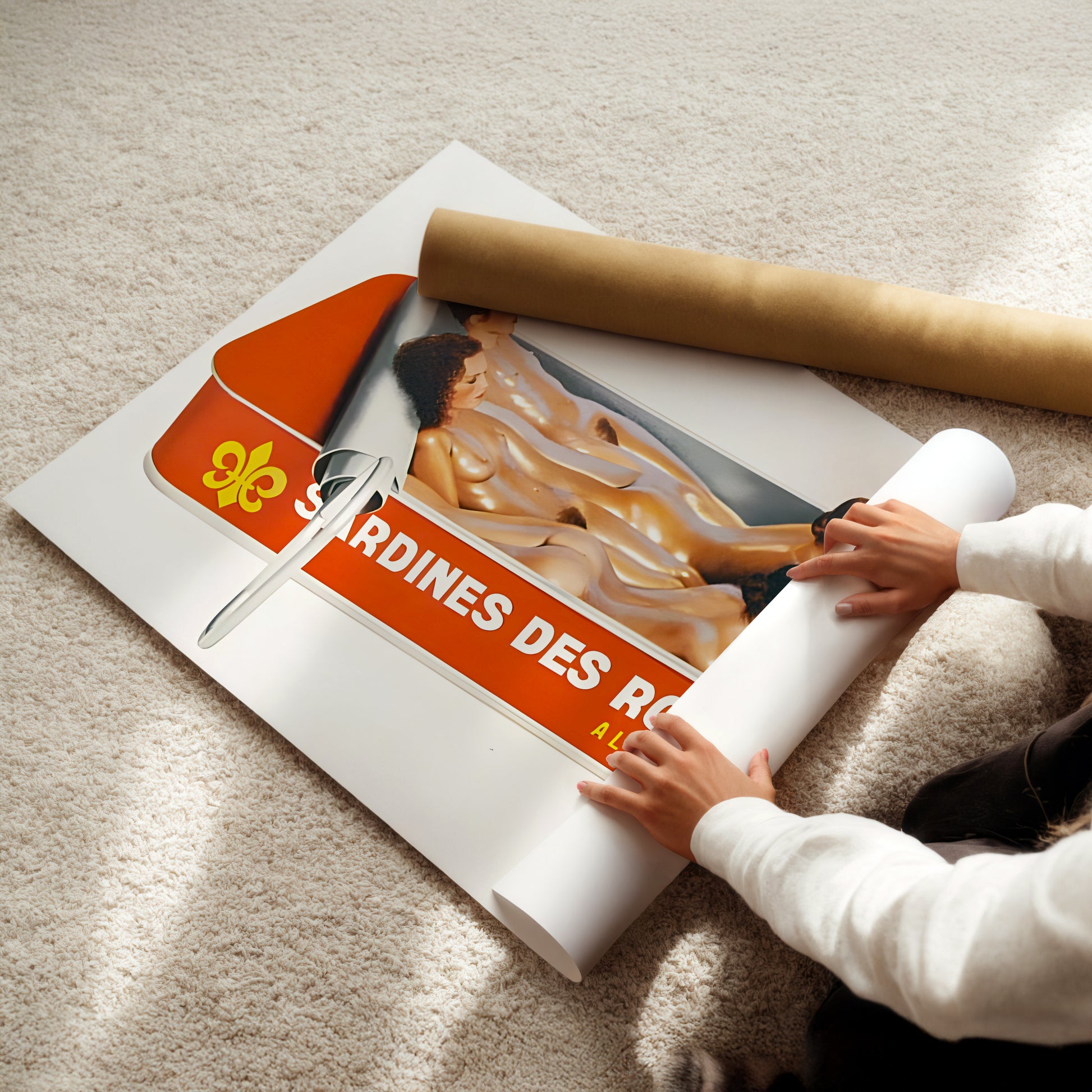 a child is rolling out a poster on the floor