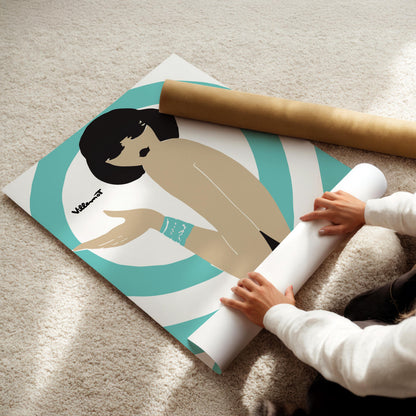 Bally Swirl Teal Vintage Wall Art, Vintage Advertising Poster, Luxury Old Fashion Canvas, Print, Framed, Retro Shoe Advertisement, Dark Hair