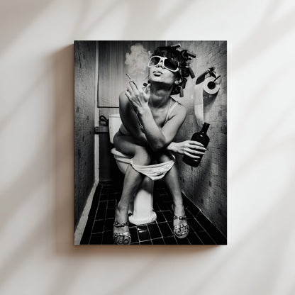 A black and white image of a woman sitting on a toilet in a bathroom, smoking a cigarette and holding a bottle of alcohol.