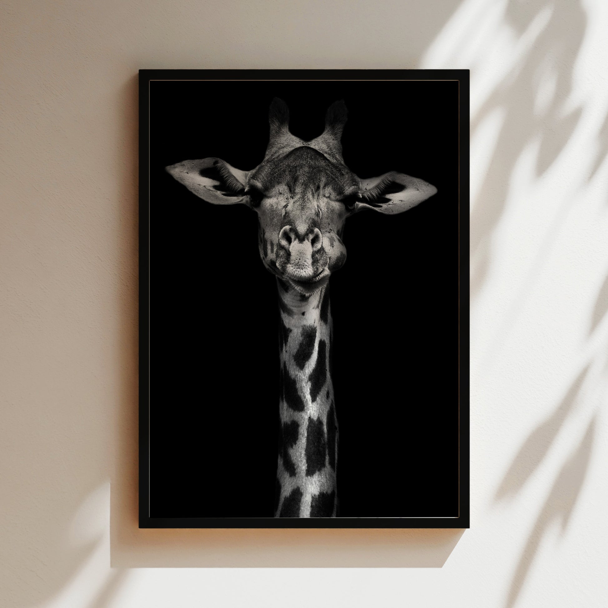 A black and white photograph of a giraffe's head, with its eyes closed and a smile on its face, is displayed in a frame on a wall.
