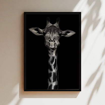 A black and white photograph of a giraffe's head, with its eyes closed and a smile on its face, is displayed in a frame on a wall.