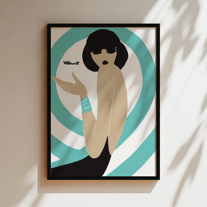 Bally Swirl Teal Vintage Wall Art, Vintage Advertising Poster, Luxury Old Fashion Canvas, Print, Framed, Retro Shoe Advertisement, Dark Hair
