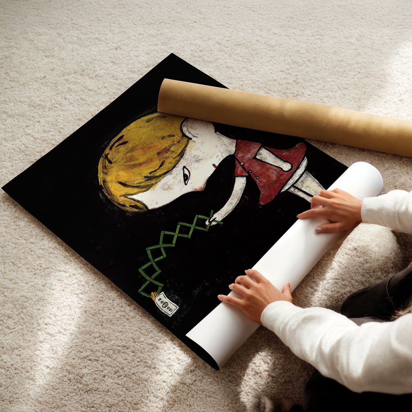 a child is holding a roll of paper on the floor