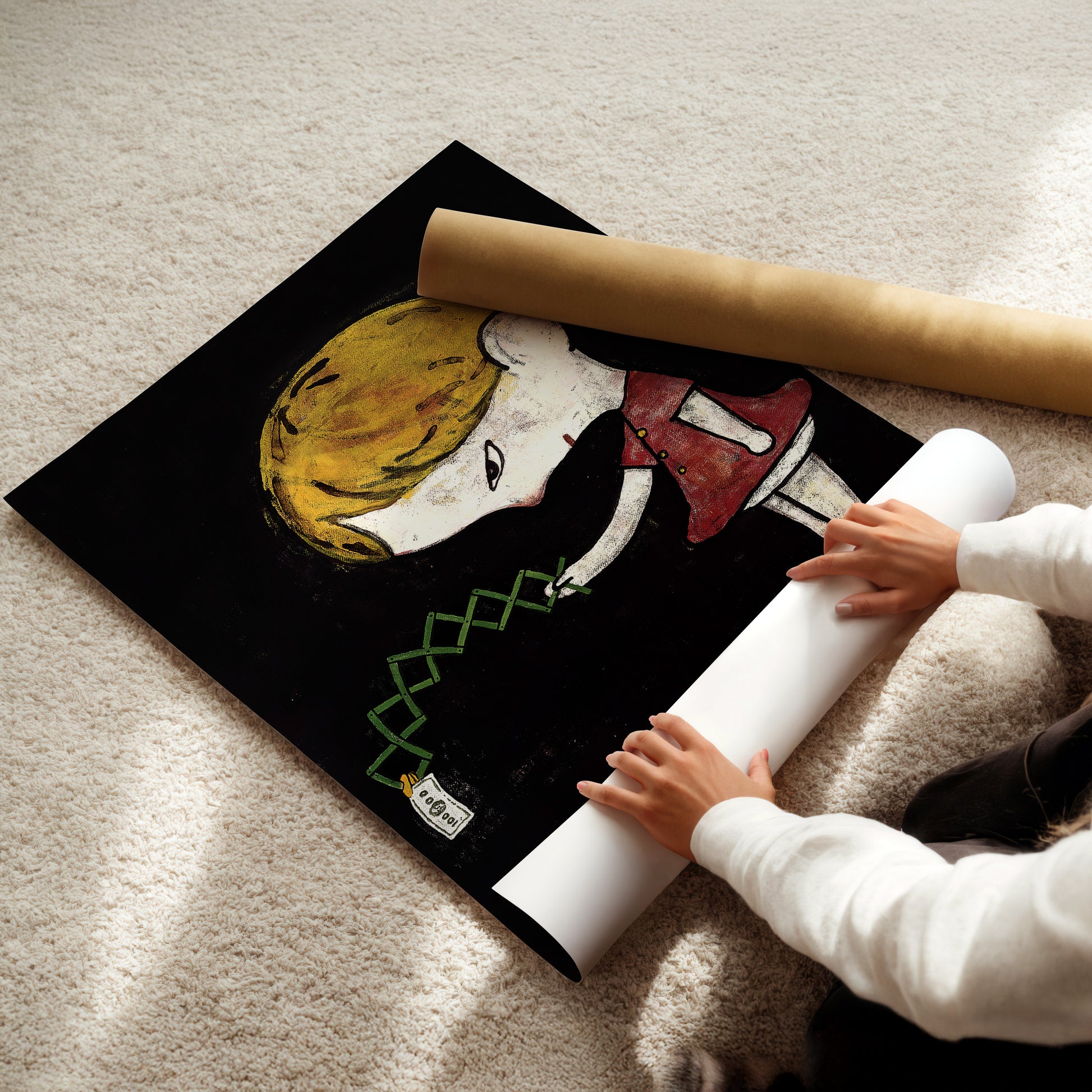 a child is holding a roll of paper on the floor