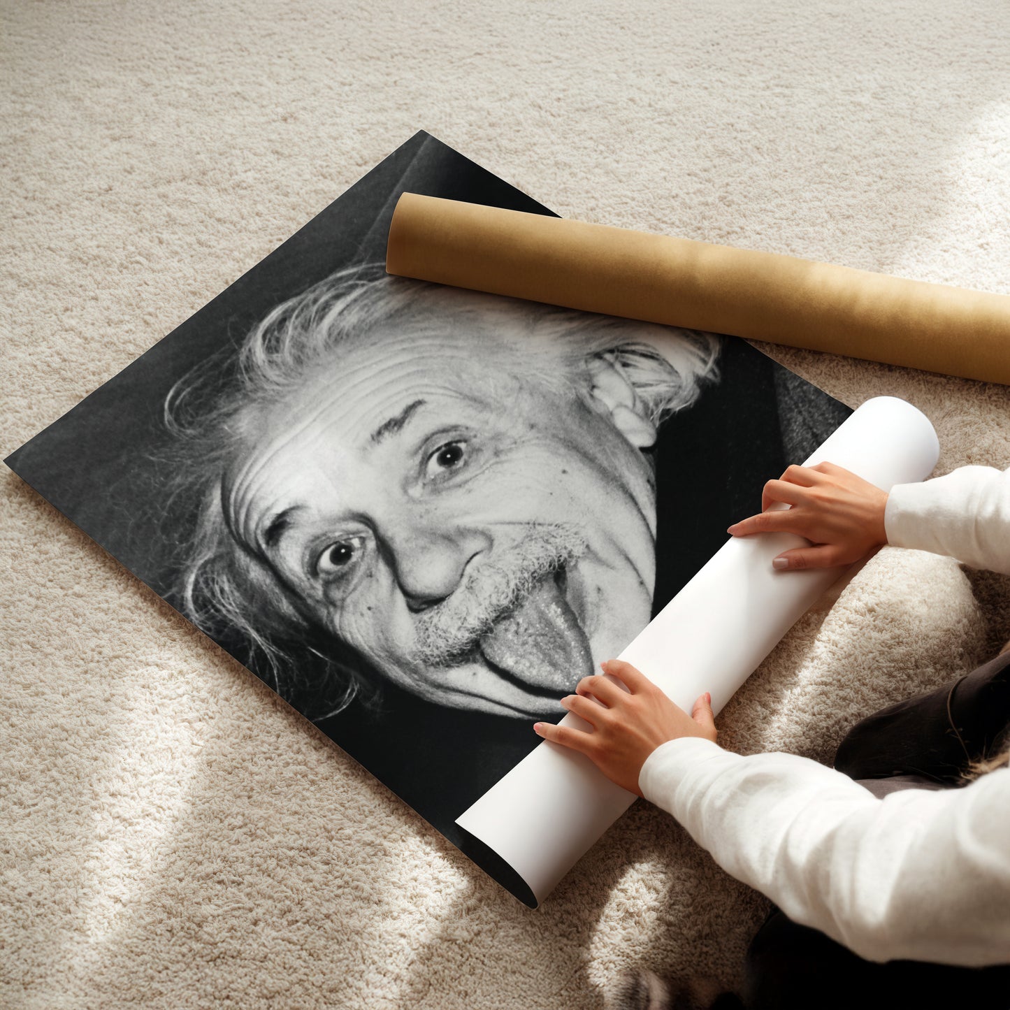a child is playing with a picture of an old man