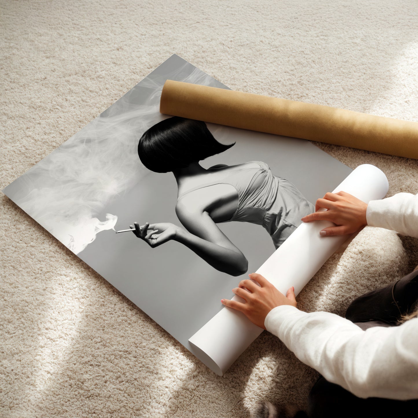 a child is playing with a picture of a woman on a roll of paper
