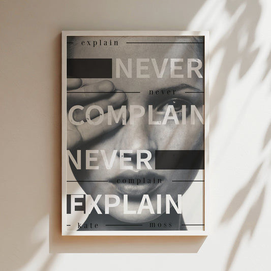 a picture of a woman's face with the words never complain never