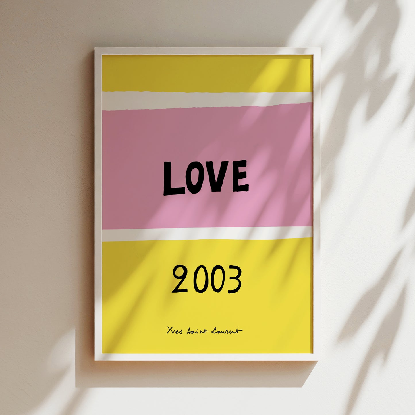 The image is a framed poster with a bold, colorful design featuring the word "LOVE" in large letters, with the number "2003" below it.