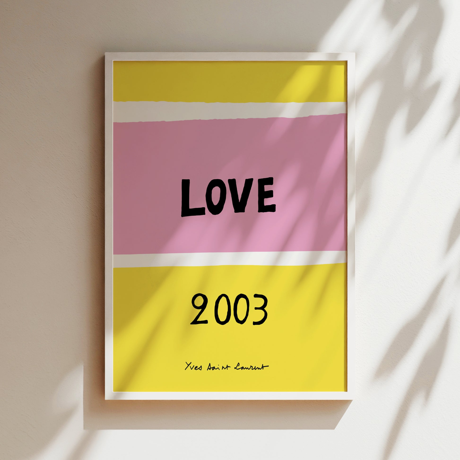 The image is a framed poster with a bold, colorful design featuring the word "LOVE" in large letters, with the number "2003" below it.