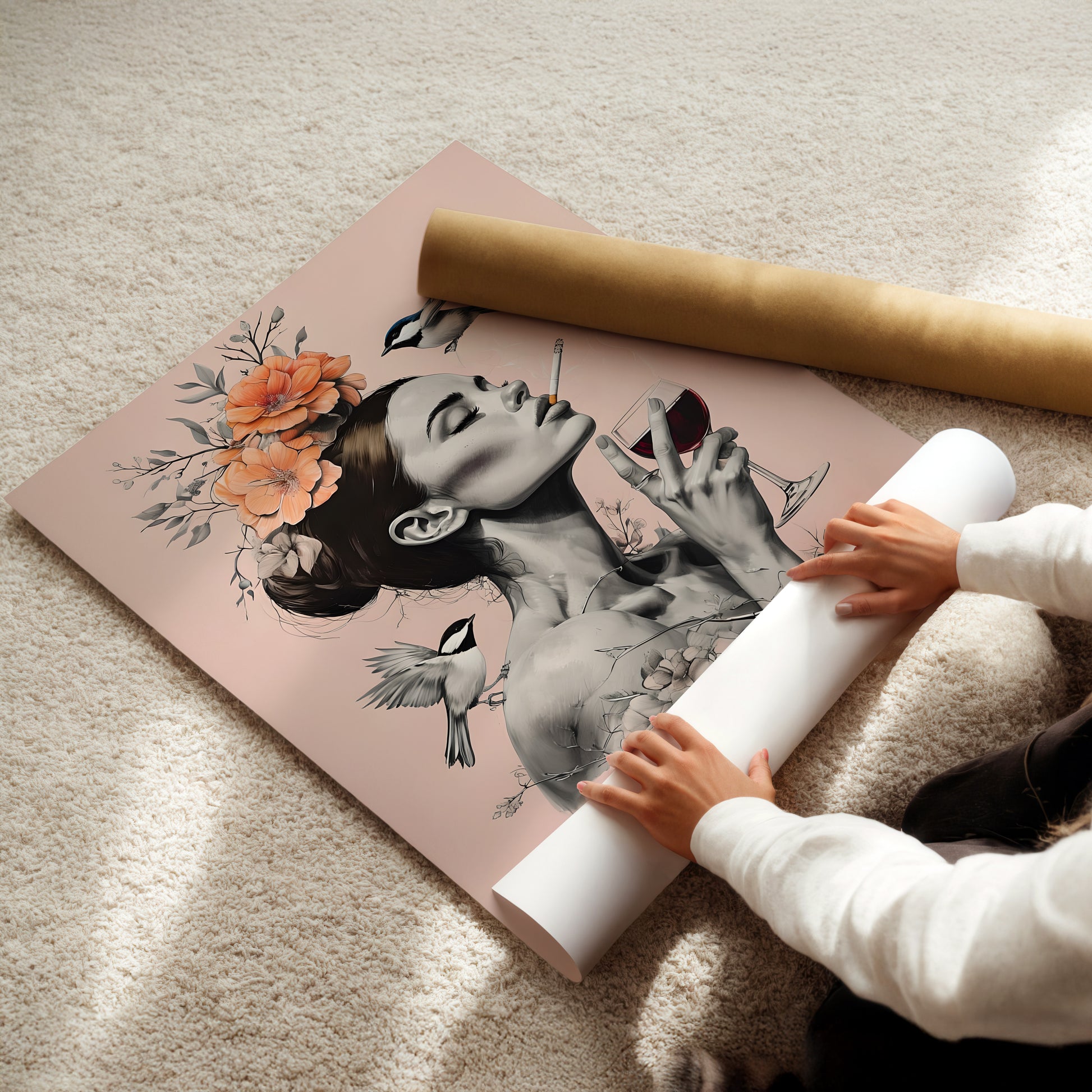 A person is holding a roll of paper and placing it under a framed artwork depicting a woman's face with flowers and birds.