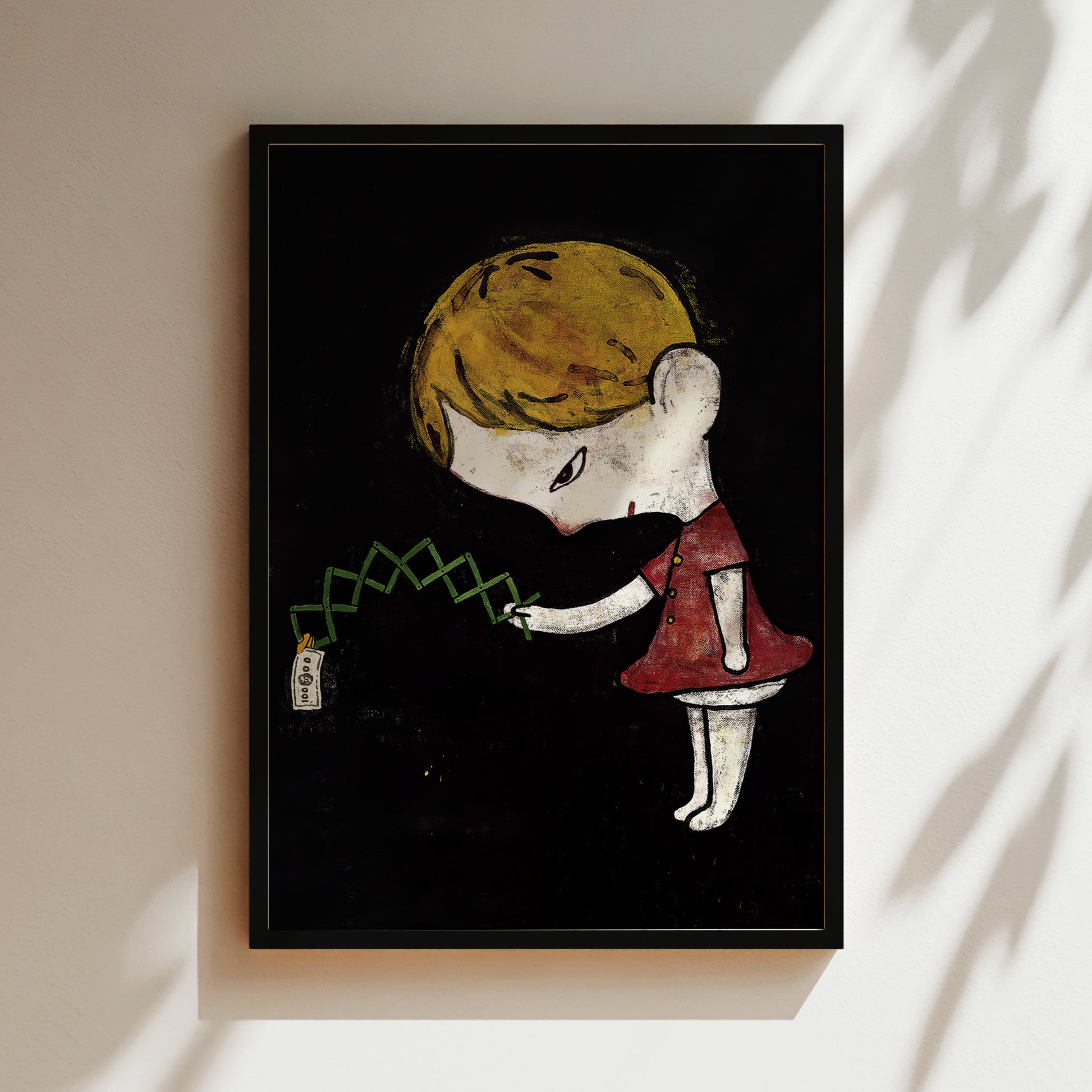 a painting of a little girl holding a green string
