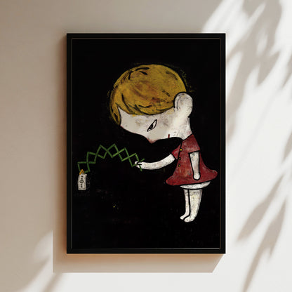 a painting of a little girl holding a green string