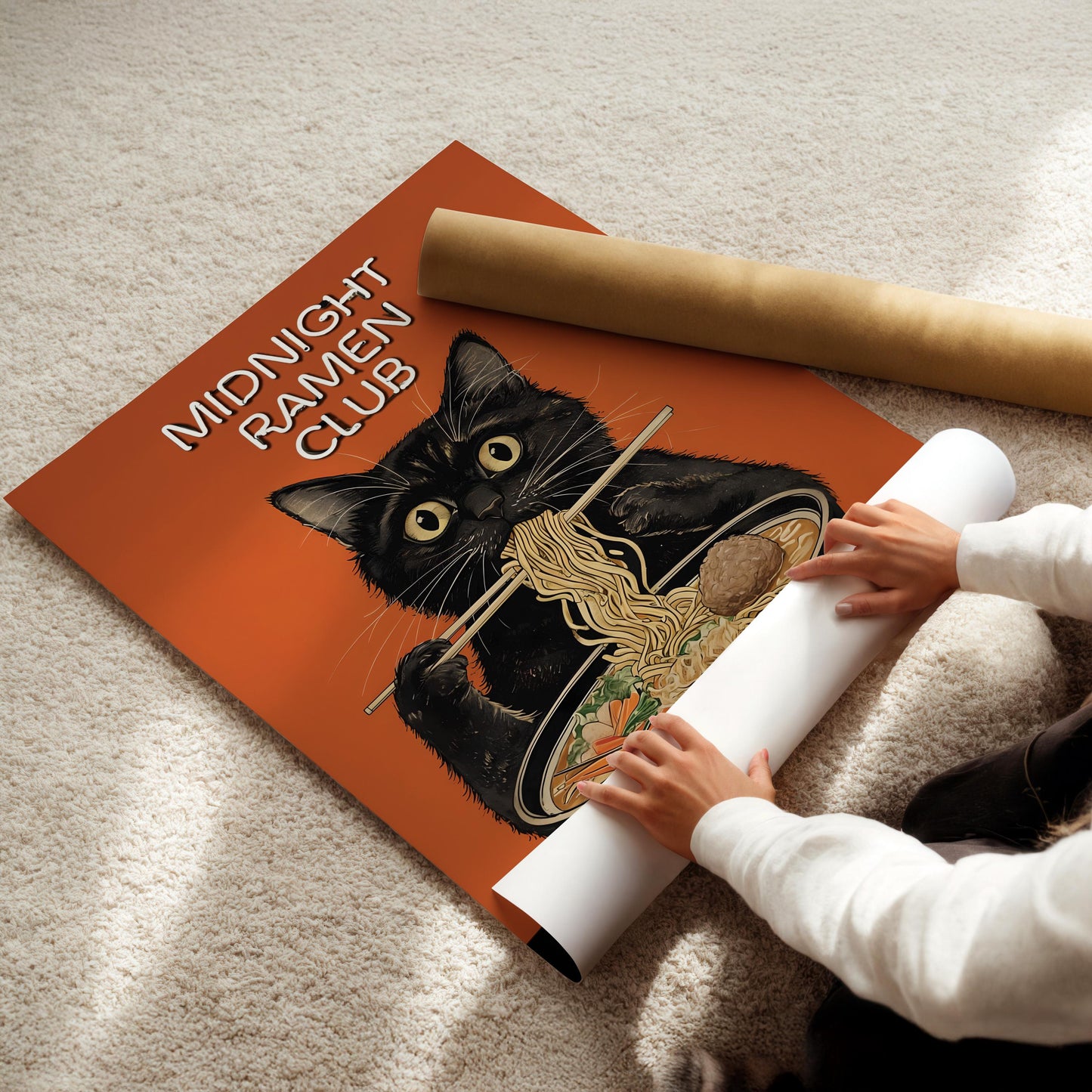 Japanese Cat Poster, Midnight Ramen Club, Cat Eating Ramen Noodles Posters, Kitchen Home Decor, Orange Cat Lover Prints, Kittens, Black Cats