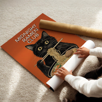 Japanese Cat Poster, Midnight Ramen Club, Cat Eating Ramen Noodles Posters, Kitchen Home Decor, Orange Cat Lover Prints, Kittens, Black Cats