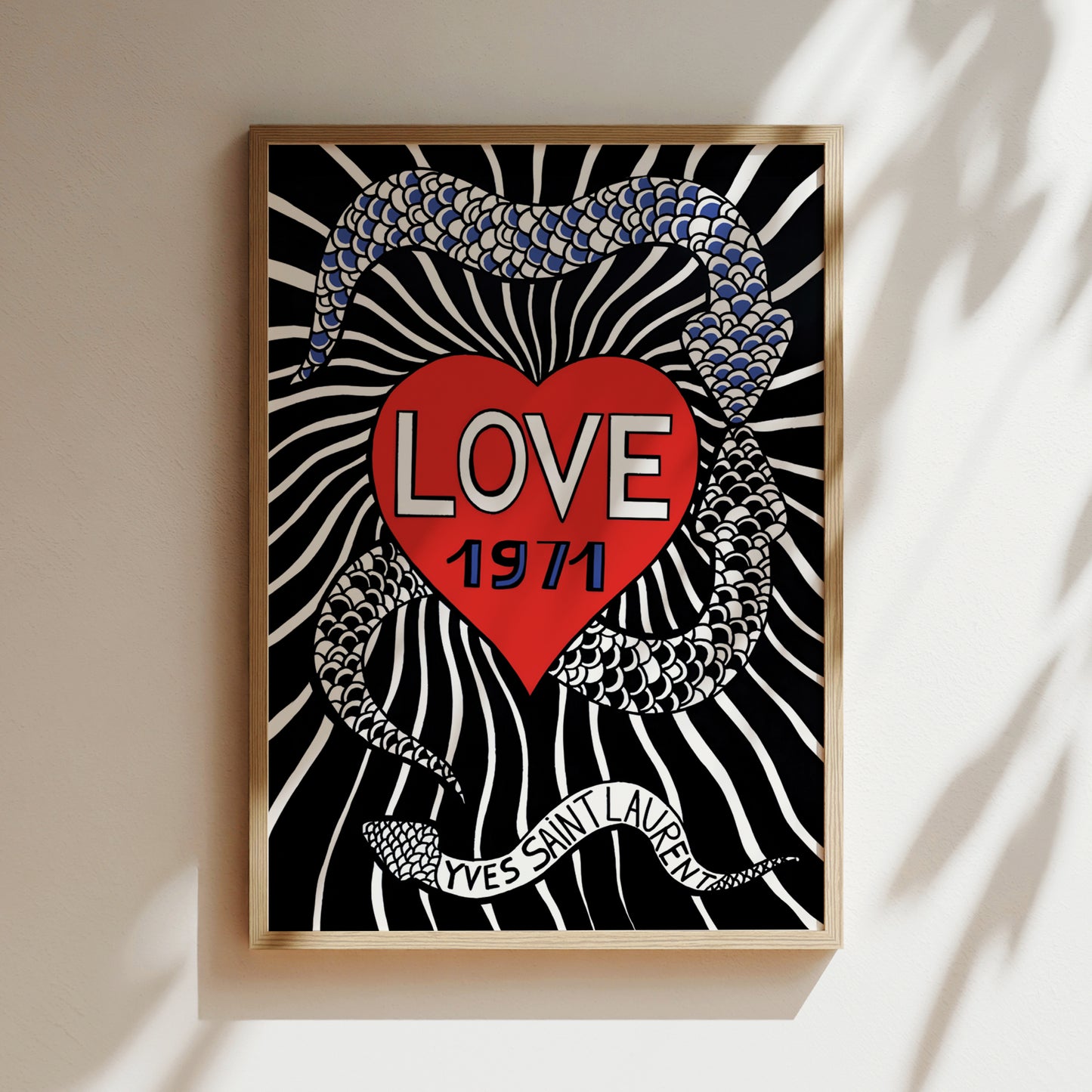 The image is a framed poster with a black and white zebra-like background, a red heart in the center, and a snake-like pattern on the left side. The text "LOVE 1971" is prominently displayed in the center of the poster.