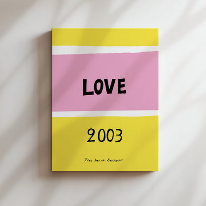 A colorful book cover with the title "LOVE 2003" in bold black letters against a yellow and pink background.