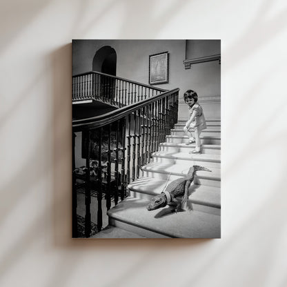 a black and white photo of a little girl walking down the stairs