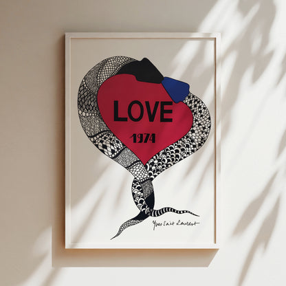 a framed artwork with a red heart-shaped design and a snake-like pattern. The word "LOVE" is prominently displayed in the center of the heart, and the year "1974" is written below it.
