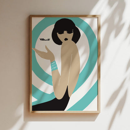 Bally Swirl Teal Vintage Wall Art, Vintage Advertising Poster, Luxury Old Fashion Canvas, Print, Framed, Retro Shoe Advertisement, Dark Hair