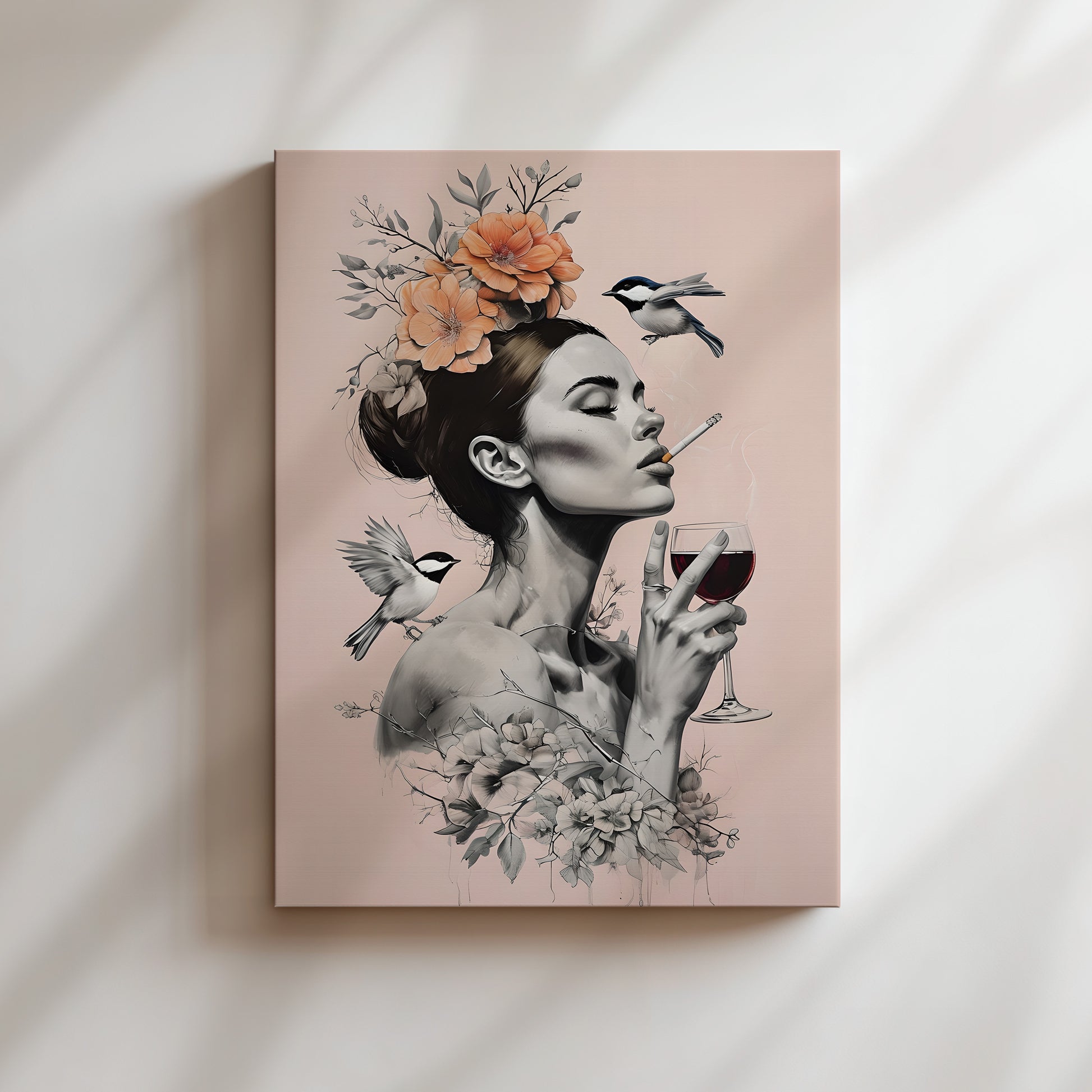 A black and white portrait of a woman with a floral headpiece, holding a glass of wine and surrounded by birds.