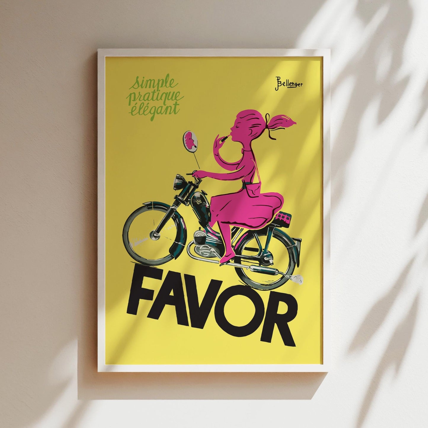 Favor Scooter Girl Vintage Poster in Pink, Wall Art, Loungeroom Decor, Vintage Art, Scooters, Bicycles, Kids Room Art, Yellow and Pink