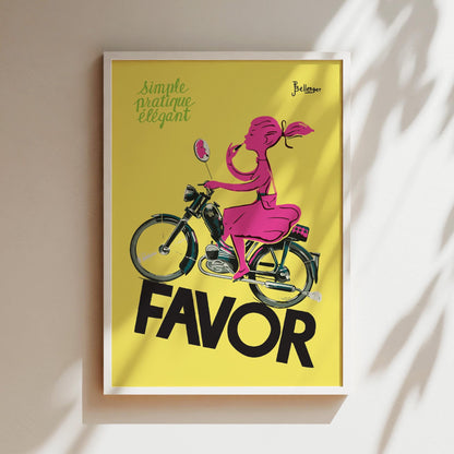 Favor Scooter Girl Vintage Poster in Pink, Wall Art, Loungeroom Decor, Vintage Art, Scooters, Bicycles, Kids Room Art, Yellow and Pink