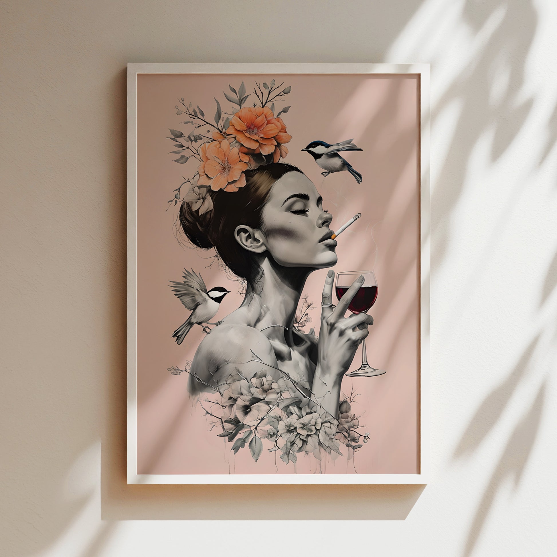 The image is a framed artwork depicting a woman with a cigarette in her hand, surrounded by flowers and birds.