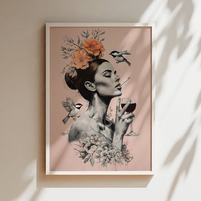 The image is a framed artwork depicting a woman with a cigarette in her hand, surrounded by flowers and birds.