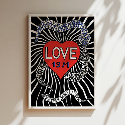 The image is a framed poster with a black and white zebra-like background, a red heart in the center, and a snake-like pattern around it. The text "LOVE 1971" is prominently displayed in the center of the poster.