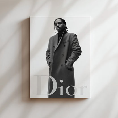 A black and white portrait of a person wearing a coat, with the word "Dior" prominently displayed below the image.