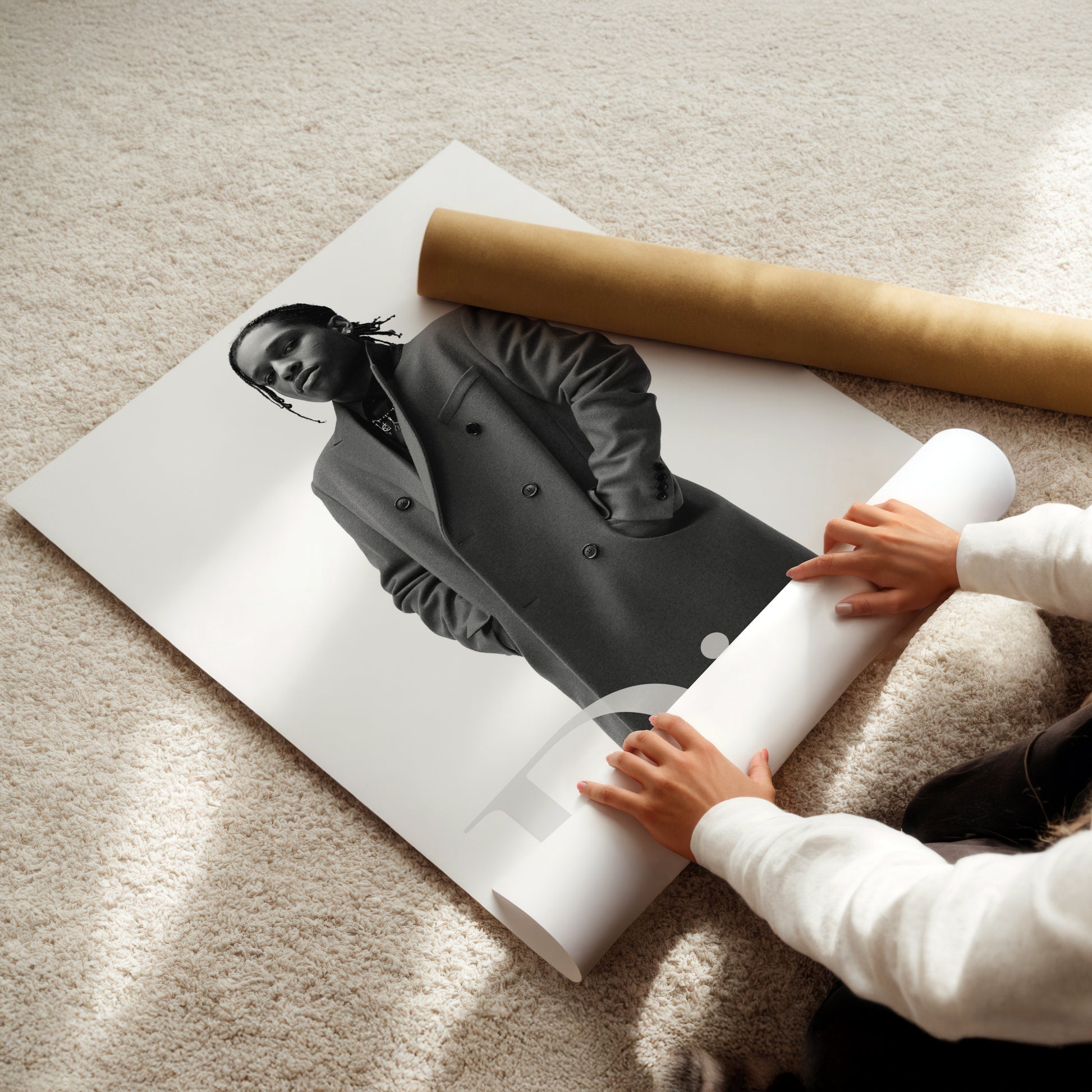 A person is holding a roll of paper and placing it on top of a printed image of a person wearing a coat.