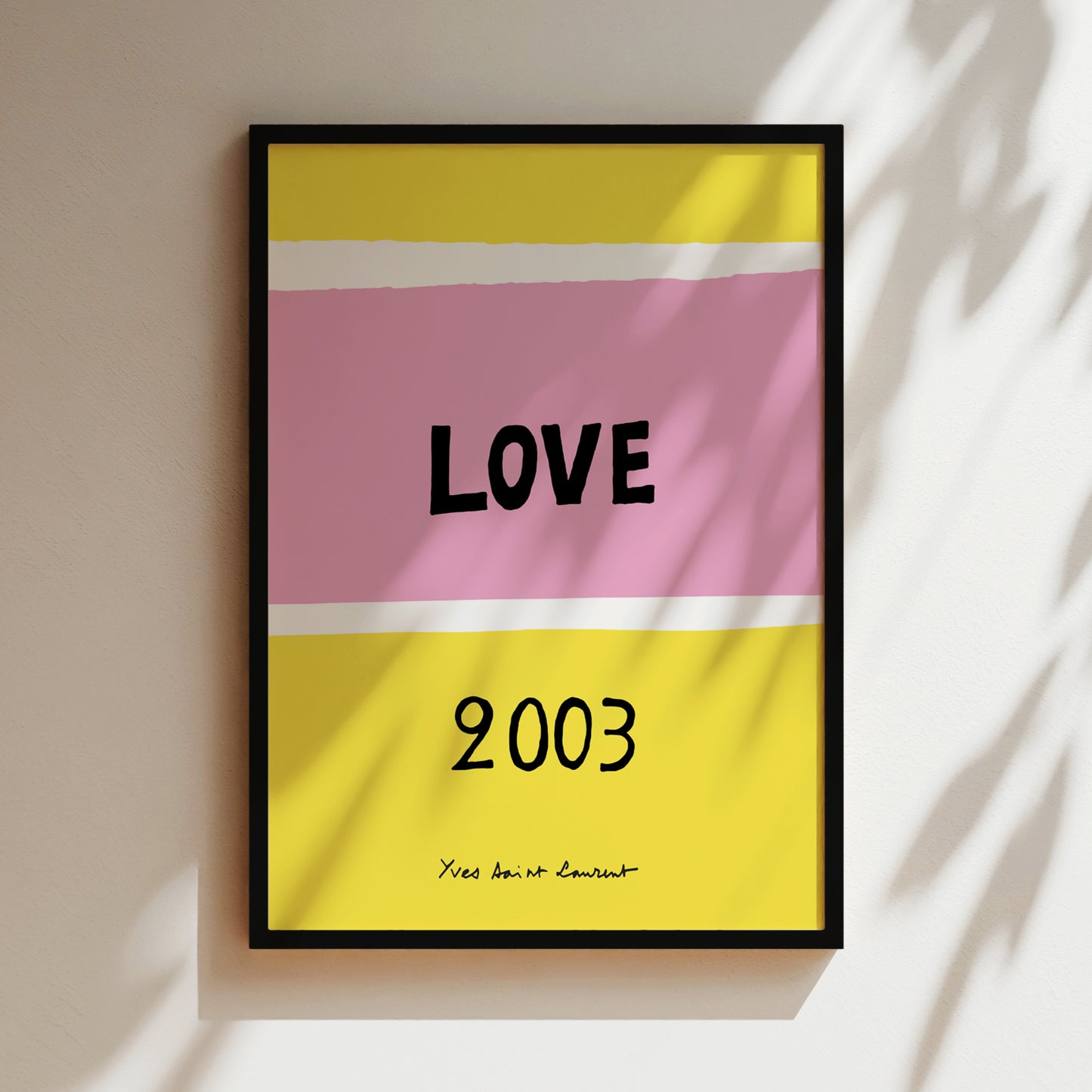 The image is a framed poster with a bold, colorful design featuring the word "LOVE" in large letters, with the year "2003" below it.