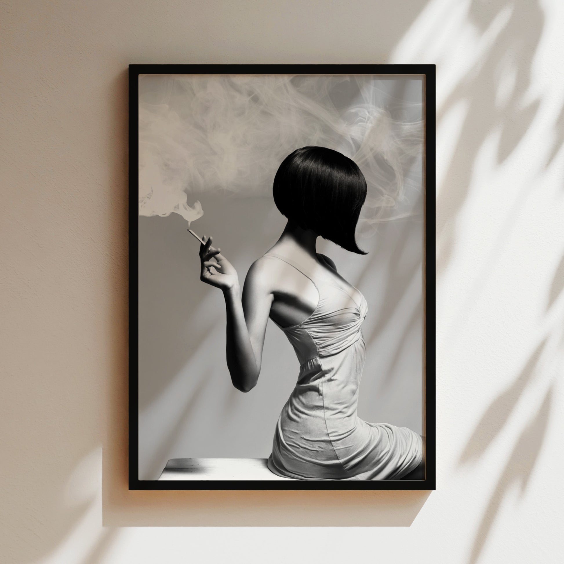 a woman in a white dress smoking a cigarette