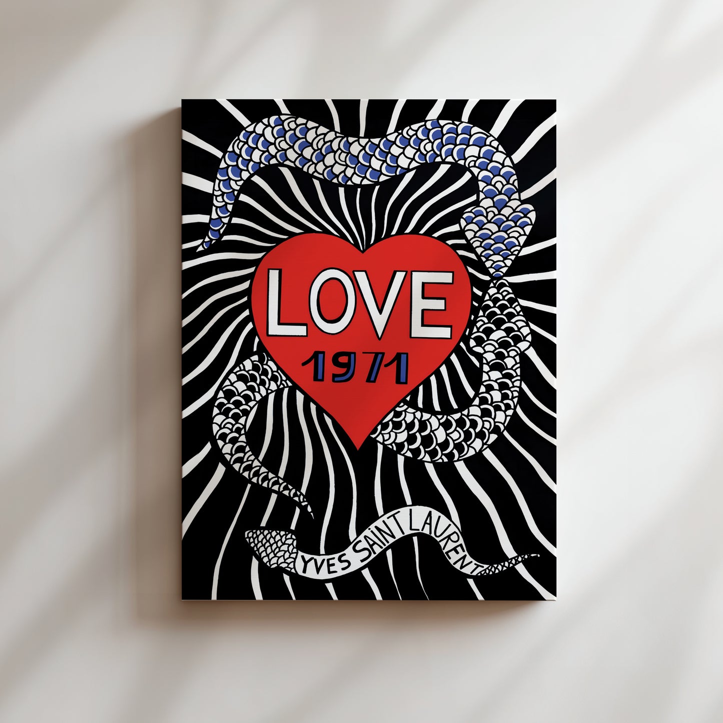 The image is a poster with a black and white background, featuring a red heart with the word "LOVE" written inside it. The heart is surrounded by a zebra-like pattern, and there is a snake-like pattern on the right side of the heart. The text "LOVE 1971" is also present on the poster.