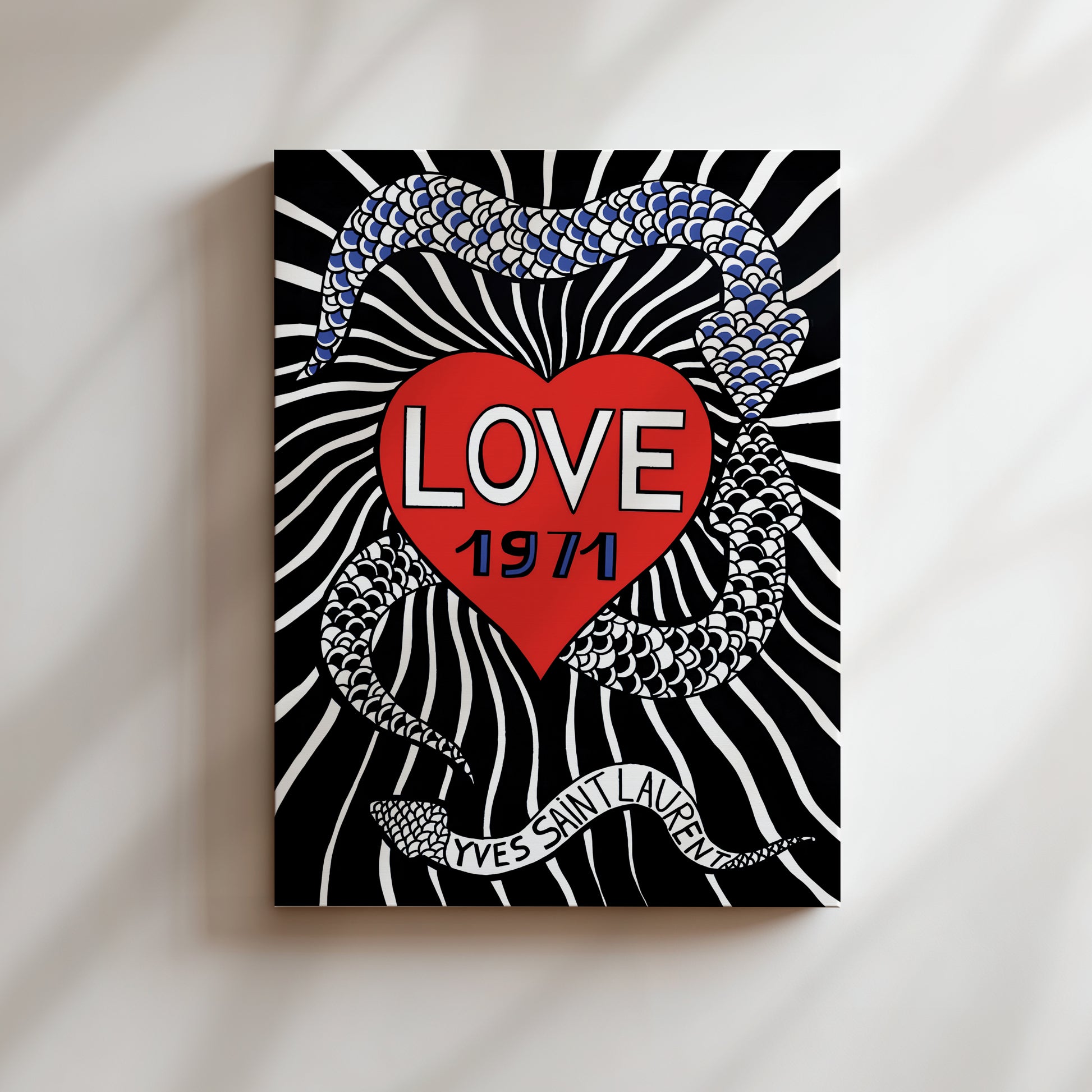The image is a poster with a black and white background, featuring a red heart with the word "LOVE" written inside it. The heart is surrounded by a zebra-like pattern, and there is a snake-like pattern on the right side of the heart. The text "LOVE 1971" is also present on the poster.
