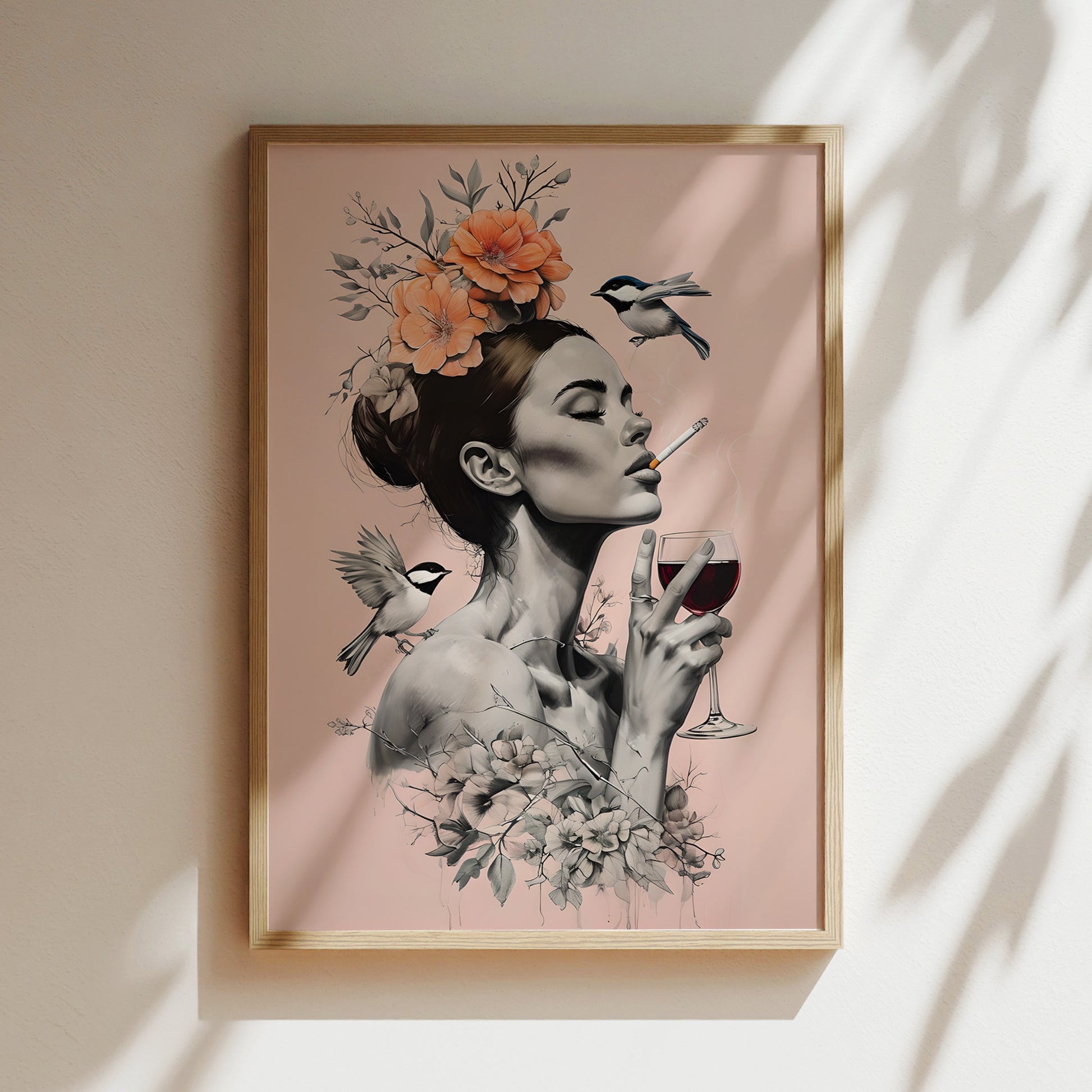 The image is a framed artwork depicting a woman with a cigarette in her hand, surrounded by flowers and birds.