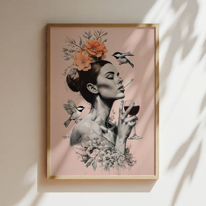 The image is a framed artwork depicting a woman with a cigarette in her hand, surrounded by flowers and birds.