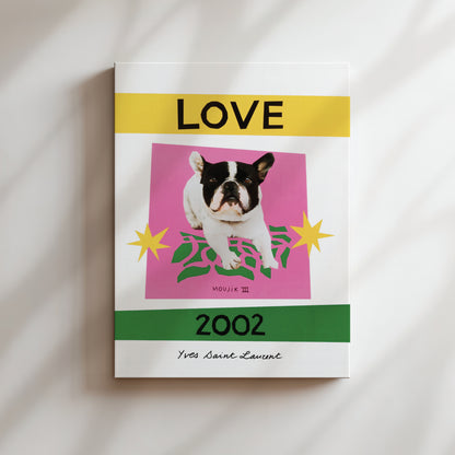 The image is a book cover for "LOVE" by Yves Saint-Lambert, featuring a black and white dog on a pink background with yellow stars.